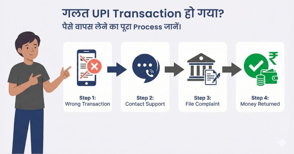 गलत नंबर पर UPI Payment हो गया? पैसे वापस पाने के 5 आसान तरीके 2 गलत UPI ट्रांजैक्शन हो गया? पैसे वापस लेने का पूरा प्रोसेस जानें | Wrong UPI transaction? Learn the complete process for getting your money back.